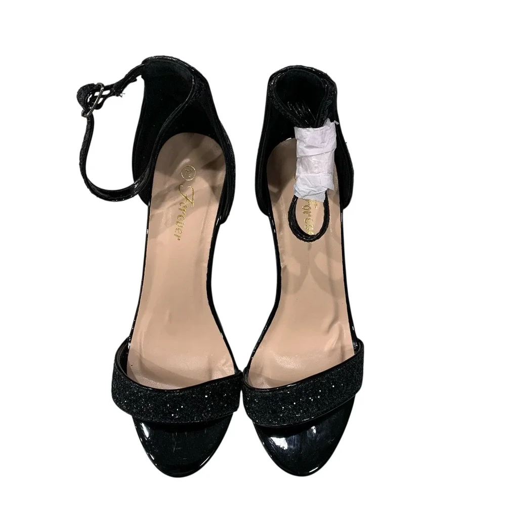 Forever Ashlyn-18 Black Glitter Wedge Sandals Ankle‎ Strap Heels 7.5 New